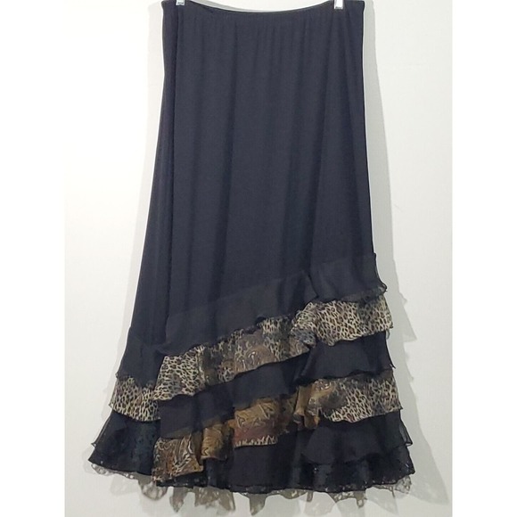 Not for Sale Dahnke Black Elastic Waist Animal Print Ruffles Long Maxi Skirt - Picture 2 of 9